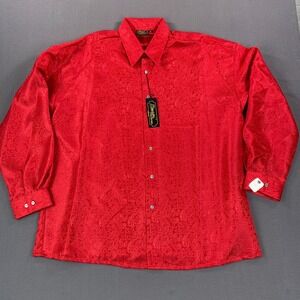 VTG Monzini Shirt Mens 3X Red Embroidery Paisley Long Sleeve Collared‎ Button Up